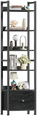 Furologee 6 Tier Bookshelf with Drawer, Tall Narrow Bookcase, Black Oak by Furologee