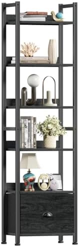 Furologee 6 Tier Bookshelf with Drawer, Tall Narrow Bookcase, Black Oak by Furologee
