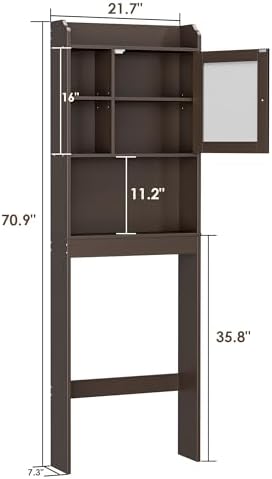 SUPER DEAL Over The Toilet Bathroom Storage Cabinet Freestanding Wooden Bathroom Organizer with Adjustable Shelves and Glass Door, Brown - Image 2