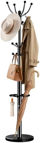 Pipishell Metal Heavy Duty Coat Rack with Sturdy Marble Base, Coat Tree with 16 Hooks & Detachable Umbrella Holder,Coat Rack Freestanding for Entryway, Corner, Bedroom and Home Office, Black by Pipishell