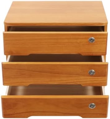 Lockable Desk Organizer Wooden Desktop Drawers Office Flat Files Storage Box Locking Countertop Storage Cabinet (Wood Yellow, 3-Tier) - Image 3