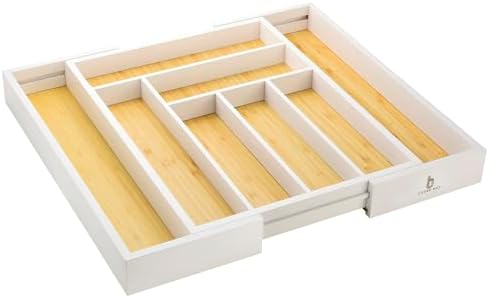 Bamboo drawer organizer, utensil holder, silverware organizer, and adjustable cutlery tray with drawer dividers, for kitchen, office desk, and bathroom storage (White) by CozeeBay