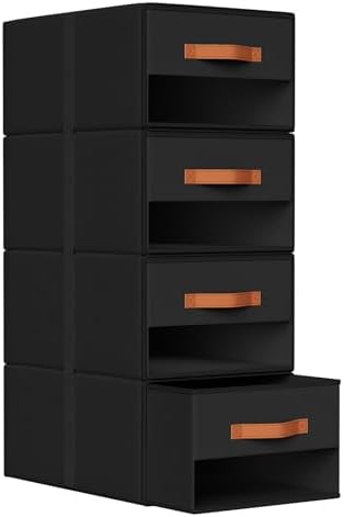 DIMJ Closet Organizers and Storage - Pull-out Fabric Bins with Drawers for Closet Foldable Clothes Organizers with Clear Window, Stackable Storage Drawers for Bedroom,Living Room,Shelf,4-Pack, Black by DiMJ