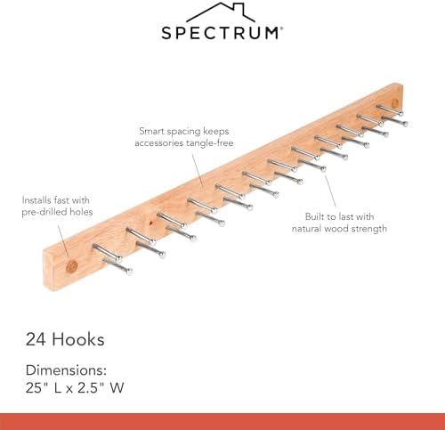Spectrum Wood Peg Rack for Wall Mount Storage 24 Peg Hanging Tie Belt Scarf Coat Rack Hanger for Closet Organization, Tie and Belt Rack Wall Mounted Wooden Storage Rack Organizer Peg Wall Hooks - Image 5