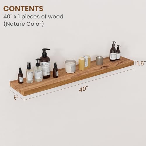 Floating Shelves for Wall Decor, 8" Deep Rustic Solid Elm Wood Floating Shelves Wall Mounted, Wall Shelves with Invisible Bracket for Living Room Bathroom Bedroom Kitchen, 40 Inch Set of 1, Natural - Image 2