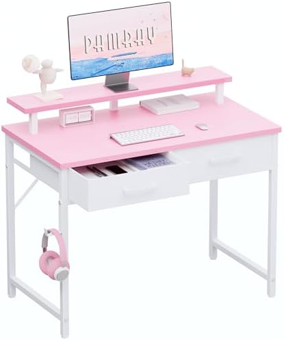 Pamray 32 Inch Small Computer Desk with Monitor Stand and 2 Drawers by PAMRAY