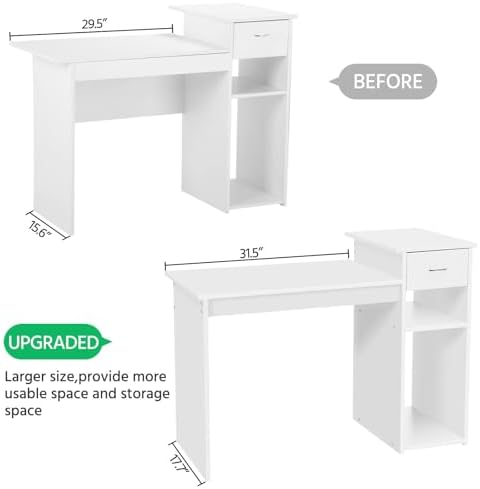 Yaheetech Computer Desk with Storage Drawer & Monitor Stand, White - Image 6