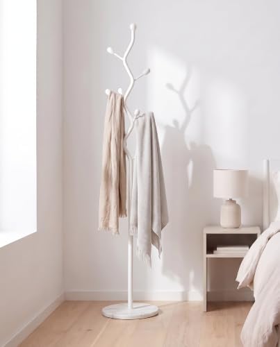 White Metal Freestanding Coat Rack & Coat Tree, Marble Base 9 Hooks - Image 5