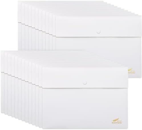 Plastic Envelopes Folders 12mil Heavy Duty, for A4 Letter Size Paper, with Snap Closure Pack, Paperwork Plastic Wallets Document Organizer (25 Pack - White, Horizontal) by WORPSON