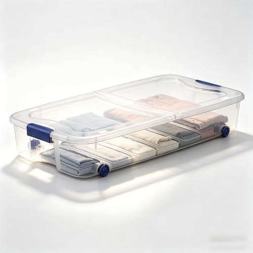 66 Quart Clear Plastic Underbed Storage Bin with Latching Lid and Wheels, Stackable Container, Blue by Unknown