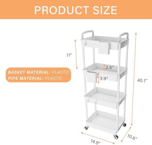 4 Tier Rolling Utility Cart with Handle,REBECAT Utility Cart Made of Multifunctional Storage Organizer Tool for Kitchen,Bathroom,Living Room,Office(White) - Image 5
