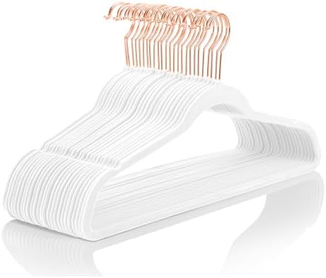 MIZGI White Velvet Hangers 100 Pack Non Slip Heavy Duty Rose Gold Hooks by MIZGI