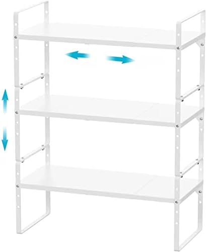 iPEGTOP Expandable Cabinet Storage Shelf Organizer Rack, Heavy Duty Cupboard Stand Spice Rack Adjustable Height Garage Pantry Shelf Space Riser for Counter Kitchen Organization, White, 3 Pack by iPEGTOP