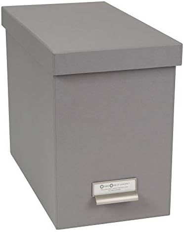 Bigso John Fiberboard Label Frame Desktop File Storage Box - Document Organizer for Important Paperwork - Durable Hanging File Box with a Lid & Metal Label Window - 7.36 x 13.38 x 10.51 in - Grey by Bigso
