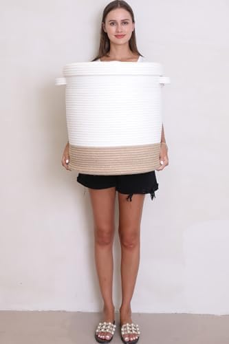16x18 Inch Extra Large Round Cotton Rope Storage Basket with Lid, Decorative Woven Bin with Cover for Living Room Bedroom Closet, White & Jute - Image 7