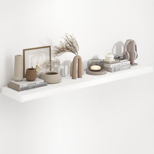 Fun Memories White Floating Shelves 55 Inch Long, 9.3 Inch Deep Floating Shelf for Wall, Living Room, Bedroom, Kitchen, Large Deep Wall Shelves with Invisible Bracket for Books, Decor by FunMemories