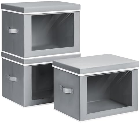 Homsorout Collapsible Storage Bins with Lids - Stackable Storage Containers with Window, 15.7 Inch Fabric Organizing Bins for Closet, Home & Office Organization Baskets, Grey, 3 Pack by Homsorout