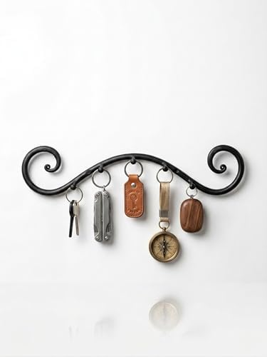 Farmhouse Wrought Iron Wall Mounted Key Holder – Handcrafted Swirl Decorative Design | Heavy Duty 5 Hook Entryway Organizer Rack for Keys, Coats, Hats, Bags & Dog Leash (Swirly Black) by THEREALREYAZ