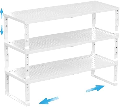 Expandable Spice Rack Kitchen Cabinet Shelf Organizer, Stackable Storage Shelves Racks, Adjustable Counter Shelving for Cabinets, Countertop, Cupboard,Pantry and More(3Packs/White/Large) by Goodqualityproducts