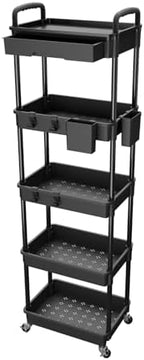 5 Tier Rolling Utility Cart with Drawer,REBECAT Utility Cart Made of Multifunctional Storage Organizer Tool for Kitchen,Bathroom,Living Room,Office(Black) by REBECAT