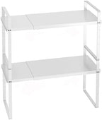 iPEGTOP Expandable Cabinet Storage Shelf Organizer Rack, 2 Pack Heavy Duty Steel Metal Spice Rack Adjustable Height Garage Pantry Shelf Space Riser for Counter Kitchen Organization, White by iPEGTOP