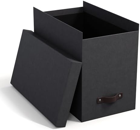 Bigso John Desktop File Box - Storage Solution and Document Organizer for Important Paperwork - Durable Hanging File Box with Lid and Leather Handle - 7.36 in x 13.26 in x 10.51 in - Black - Image 3