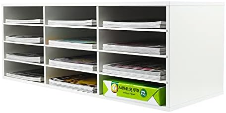 PAG-Mass Mail Sorter Organizer, Wood Countertop Literature Organizer, Student Mailbox for Classroom, Desktop Bill Paper Organizer for Office Home School, 12 Compartments, White by PAG