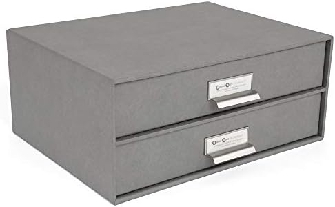 Bigso Box of Sweden Birger 2-Drawer Fiberboard Label Frame Document Letter Box for Loose Papers, Documents and More | Desktop Storage Drawers w/Metal Label Holder | 13.1" x 10" x 5.7" | Grey by Bigso