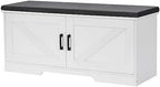 HOMSHO Farmhouse Shoe Storage Bench with 2 Barn Doors & Padded Seat Cushion by HOMSHO