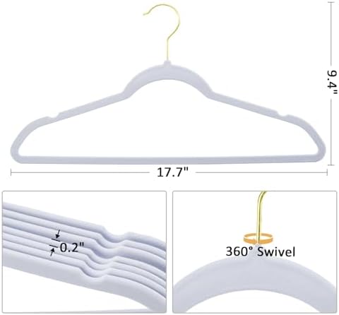 Premium Velvet Clothes Hangers Pack of 60, Heavy Duty, Non Slip Velvet Suit Hangers Heavy Duty with Gold Hook, 0.2 Inch Slim Space Saving Hangers for Suits, Pants, Shirts, and Dress (White) - Image 2