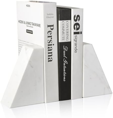 Karibiber Marble Bookends for Heavy Books, Decorative Book Ends for Shelves, White Stone Durable and Heavy-Duty Book Ends for Hardback Books & CDS, Unique Book Stopper & Holder, Set of 2 by Karibiber