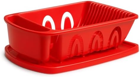 Tribello Sink Dish Drying Rack, Heavy Duty Hard Plastic Sink Set with Drainer (Red) - Image 7
