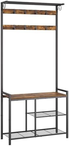 YATINEY Coat Rack Shoe Bench, 4-in-1 Hall Tree with Storage Shelves and Hanging Rod, Entryway Storage Organizer with 8 Movable Hooks, for Entryway, Hallway, Corridor, Rustic Brown and Black MT12BR by Yatiney
