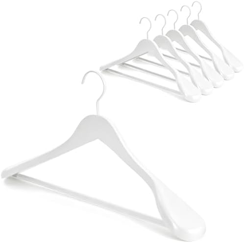 TOPIA HANGER White Wooden Coat Hanger 6 Pack, Wood Suit Hangers,Glossy Finish with Extra-Wide Shoulder, Thicker White Hooks & Anti-Slip Bar,Suitable for Coat, Suit,Dress,Jacket,Heavy Cloth - CT02W by TOPIAHANGER