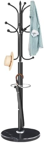 ZOZOE Metal Coat Rack Stand, Modern Coat Rack Freestanding with Natural Marble Base, Sturdy Coat Racks with 12 Hooks & Umbrella Holder,Black Coat Tree Hanger Stand for Bags,Hats,Entryway,Office by ZOZOECoatRackfreestanding