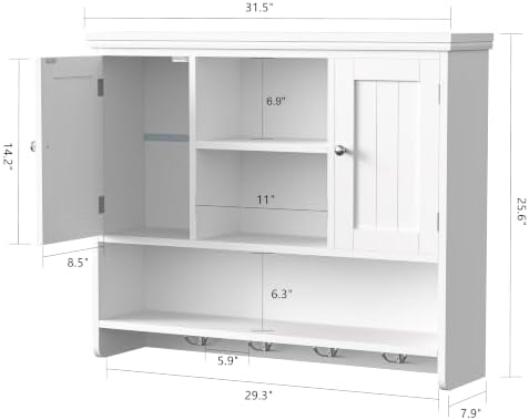 31.5"W Bathroom Wall Cabinet with Hooks, 3-Tier Wall Mounted Cabinet - Image 3