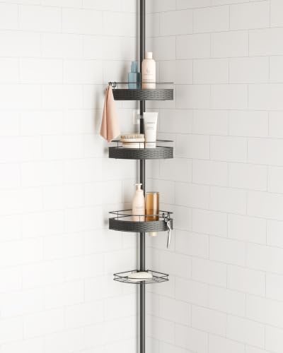 Rubbermaid Tension Pole Corner Shower Caddy: 4-Tier Bathroom Organizer Shelves, No Drill Installation for Renters, Apartments, Dorms, Family Bathroom, Adjustable 60-108 Inch, Black - Image 2