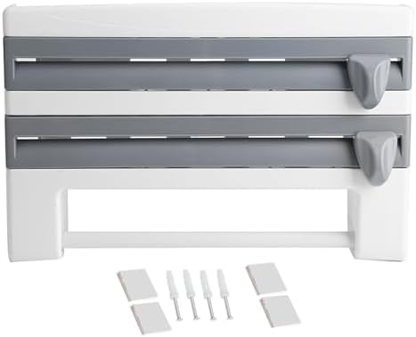 Plastic Wrap Dispenser, Wall Mount Kitchen Sauce Bottle Storage Rack Paper Towel Holder Foil Cling Film Cut Dispenser with Cutter (Grey White) by Ejoyous