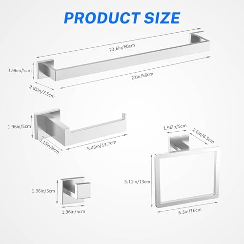 5 Pieces Brushed Nickel Towel Bar Set Bathroom Hardware Accessories Set Include 23.6 Inch Towel Bar Toilet Paper Holder Towel Ring Coat Hooks SUS304 Stainless Steel Wall Mounted Towel Holder Set - Image 6
