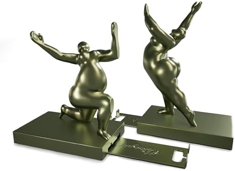 Sculptural Bookends Set of 2, Decorative Modern Bookends with Adjustable Phone & Tablet Holder, Artistic Resin Book Ends for Shelves, Heavy Duty Home & Office Decor – Metallic Sage - Image 2