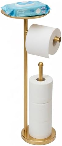 Freestanding Toilet Paper Holder with Shelf, Gold Toilet Paper Stand with Storage Tray and Space for 4 Extra Rolls by Sfemn