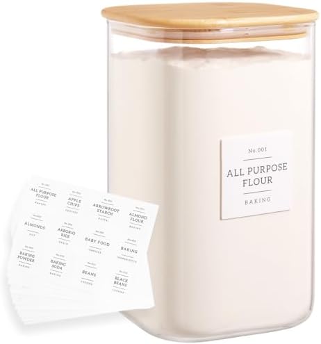 HHMJSM Large glass flour and sugar containers with 132 Kitchen Pantry Labels - 138 FL OZ Glass Food Storage Containers with Airtight Lids - Square Glass Jars Rice with Bamboo Lids by HHMJSM
