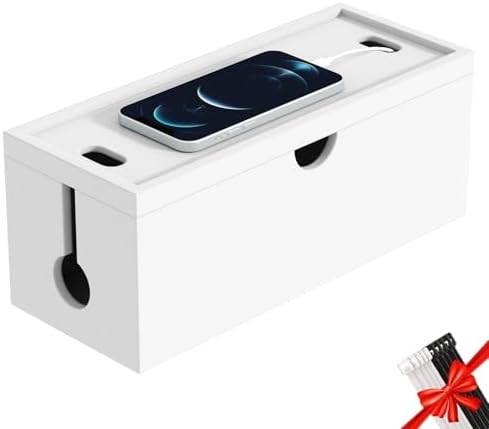 Bamboo Cable Management Box, Large Cord Organizer Box Cable Box to Hide Wires & Power Strips for Desktop Storage Cord Holder for Office Home,No Assembley Required (All White, 1Medium) by HoVoit