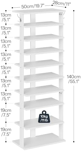HOOBRO 10 Tiers Vertical Shoe Rack, Wooden Shoe Storage Organizer with Hooks, Narrow Shoe Tower for 20 Pairs, Space Saving, for Entryway, Living Room, Bedroom, White WT140XJ01 - Image 3