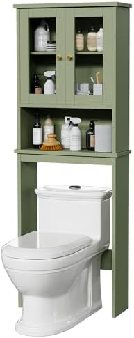 Over the Toilet Storage Cabinet for Bathroom, Storage Organizer Over Toilet, Space Saver with Tempered Glass Doors, Green - Image 6