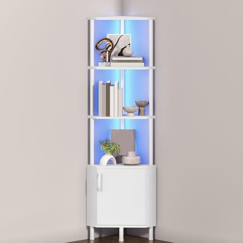 HOOBRO Corner Cabinet with LED Light, Corner Shelf Stand with Storage and Doors, 5-Tier Industrial Corner Bookshelf, 59” Tall Display Rack Shelf, for Living Room, Kitchen, White WT147DCJ01 by HOOBRO