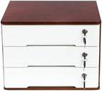 Lockable Desk Organizer Wooden Desktop Drawers Office Flat Files Storage Box Locking Countertop Storage Cabinet (Walnut + White, 3-Tier) - Image 5