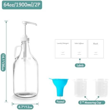 Glass Laundry Detergent Dispenser with Pump, 64OZ Liquid Laundry Soap Dispenser, Fabric Softener Dispenser Bottle for Laundry Room Organization and Storage, 2 Pack - Image 2