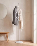 White Metal Freestanding Coat Rack & Coat Tree, Marble Base 9 Hooks by Unknown