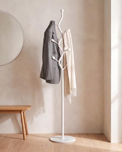 White Metal Freestanding Coat Rack & Coat Tree, Marble Base 9 Hooks by Unknown
